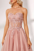 Blush pink tulle prom dress with strapless lace bodice, corset back, floral embroidery, and ball gown silhouette—ideal for bulk elegant formal collections.06