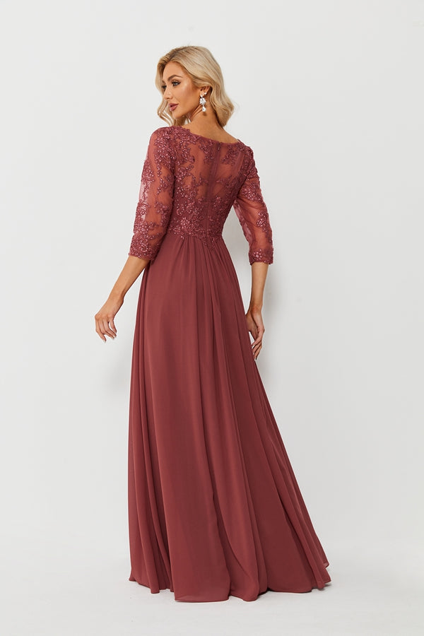 Wholesale Burgundy Lace Chiffon Evening Gown, 3/4 Sleeve 32688