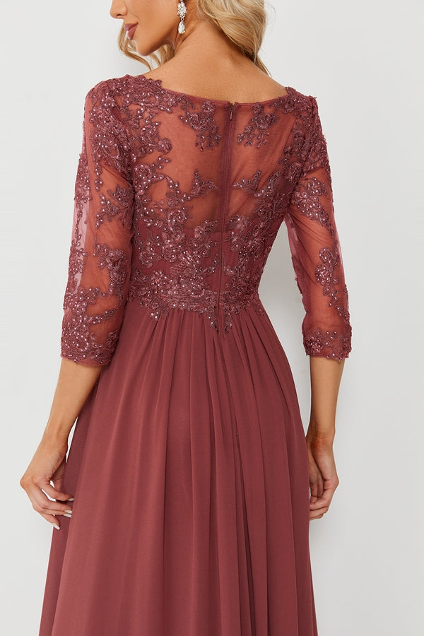 Wholesale Burgundy Lace Chiffon Evening Gown, 3/4 Sleeve 32688