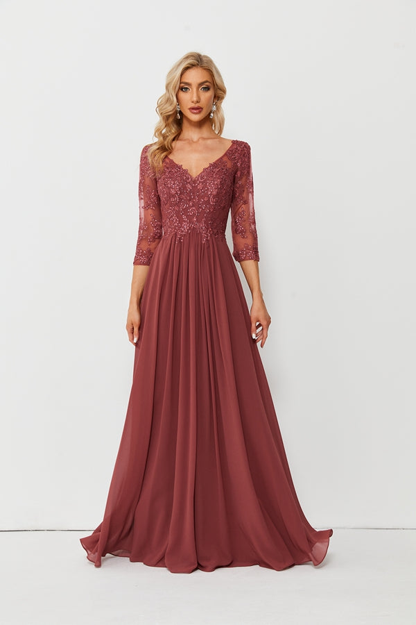 Wholesale Burgundy Lace Chiffon Evening Gown, 3/4 Sleeve 32688