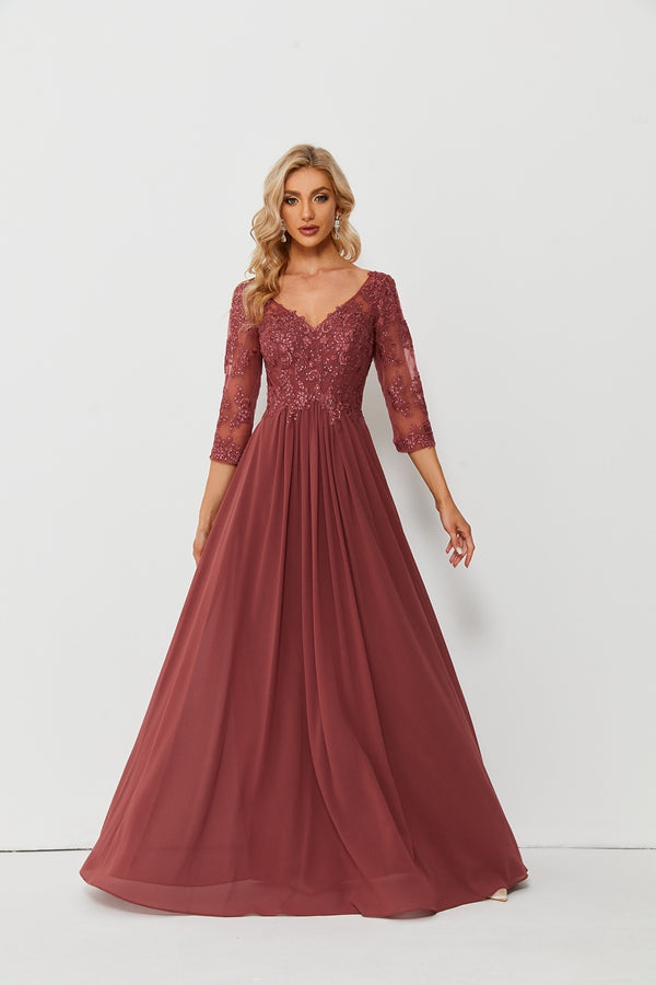 Wholesale Burgundy Lace Chiffon Evening Gown, 3/4 Sleeve 32688