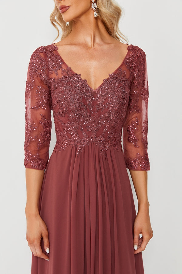 Wholesale Burgundy Lace Chiffon Evening Gown, 3/4 Sleeve 32688