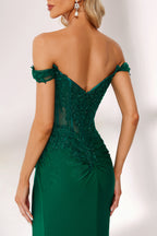 Emerald green satin prom dress with off-shoulder lace bodice, high slit, sheer panels & mermaid silhouette—perfect for bulk formalwear collections.05
