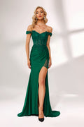 Emerald green satin prom dress with off-shoulder lace bodice, high slit, sheer panels & mermaid silhouette—perfect for bulk formalwear collections.01
