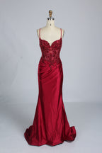 Wholesale Burgundy Sequin Spaghetti-Strap Evening Gown 33170b