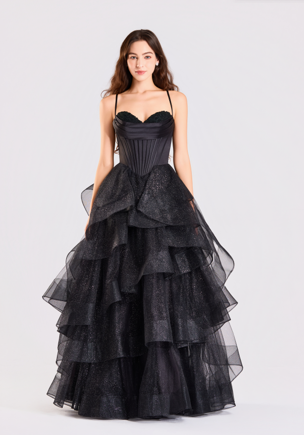Wholesale Black Sequin Ruffled Spaghetti-Strap Evening Gown 33337