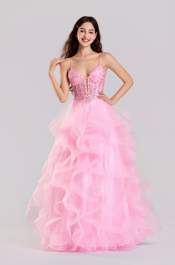 Wholesale Pink Sequin Spaghetti Strap Prom Dress with Ruffled Skirt 33338