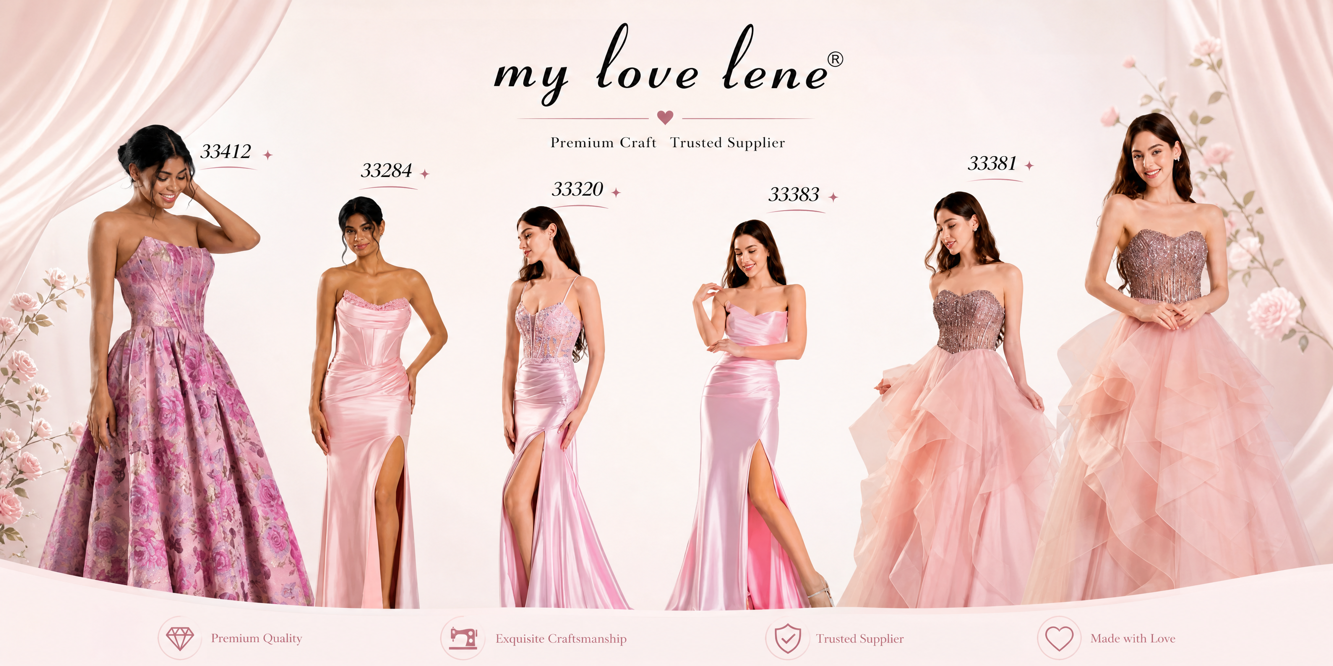 A collection of pink evening and prom dresses by Mylovelene. The image features six models wearing various styles, including a floral brocade ballgown (33412), pink satin mermaid dresses with high slits and corset-style bodices (33284, 33320, 33383), and voluminous ruffled tulle gowns with sequined tops (33381). The brand logo "mylovelene" is displayed at the top with the tagline "Premium Craft Trusted Supplier.