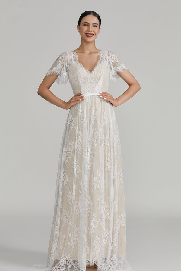 Manufacturer Short - Sleeve V - Neck Lace Bridal Gown 32641