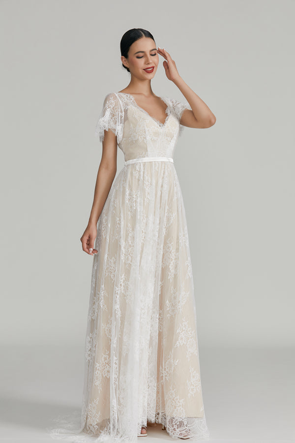 Manufacturer Short - Sleeve V - Neck Lace Bridal Gown 32641