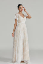 Manufacturer Short - Sleeve V - Neck Lace Bridal Gown 32641