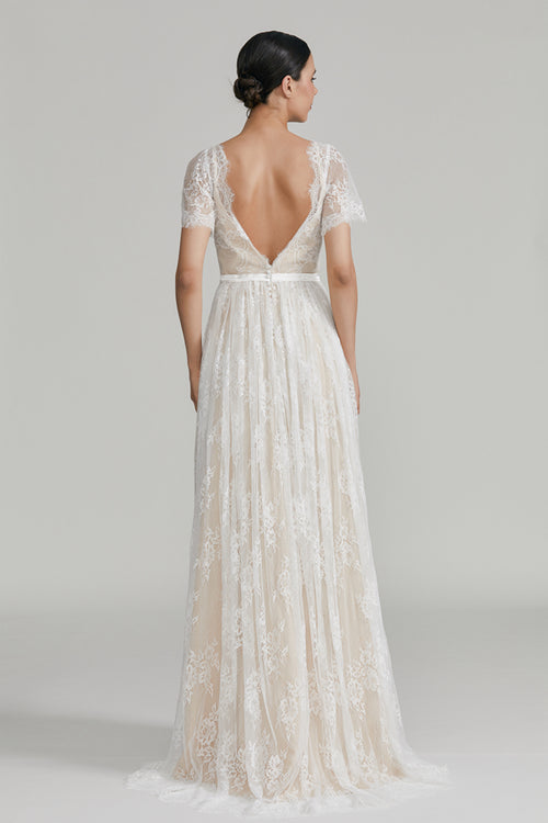 Manufacturer Short - Sleeve V - Neck Lace Bridal Gown 32641