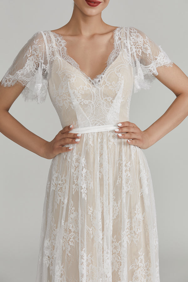 Manufacturer Short - Sleeve V - Neck Lace Bridal Gown 32641