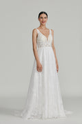 Wholesale Plunging V - Neck Lace A - Line Wedding Dress 32642