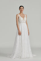 Wholesale Plunging V - Neck Lace A - Line Wedding Dress 32642