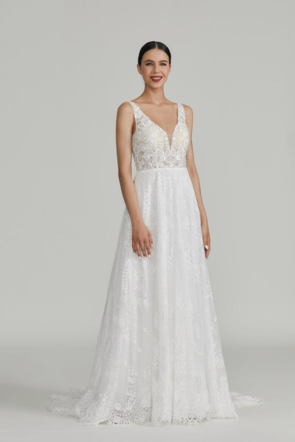 Wholesale Plunging V - Neck Lace A - Line Wedding Dress 32642