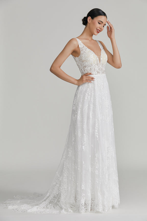 Wholesale Plunging V - Neck Lace A - Line Wedding Dress 32642