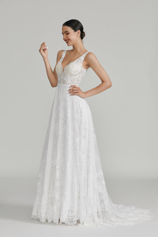 Wholesale Plunging V - Neck Lace A - Line Wedding Dress 32642