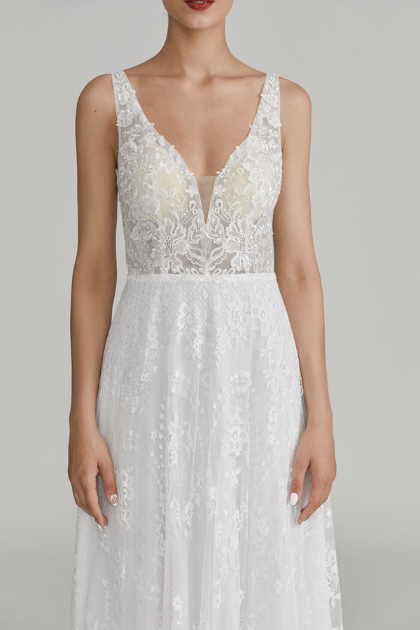 Wholesale Plunging V - Neck Lace A - Line Wedding Dress 32642