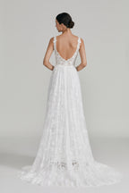 Wholesale Plunging V - Neck Lace A - Line Wedding Dress 32642