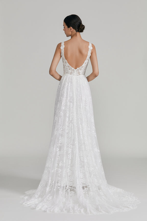 Wholesale Plunging V - Neck Lace A - Line Wedding Dress 32642