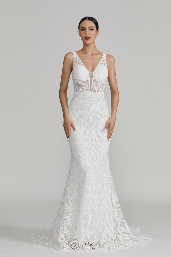 Supplier Plunging V - Neck Lace Mermaid Wedding Dress 3296