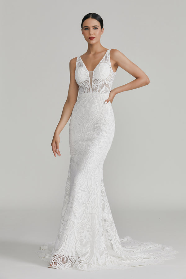 Supplier Plunging V - Neck Lace Mermaid Wedding Dress 3296