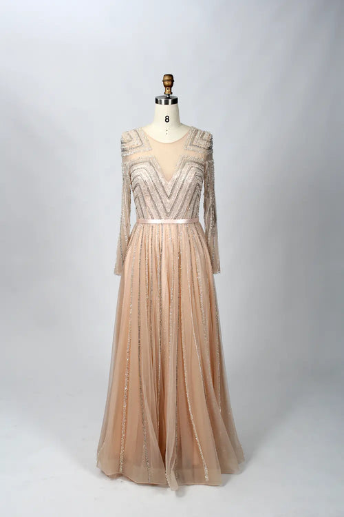 Champagne pleated A-line dress with long sleeves and V-neck