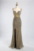 Luxury Sage Green All-Over Beaded Sequin Sheath Slit Evening Dress KY055