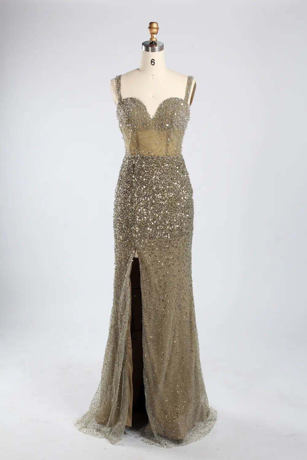 Luxury Sage Green All-Over Beaded Sequin Sheath Slit Evening Dress KY055