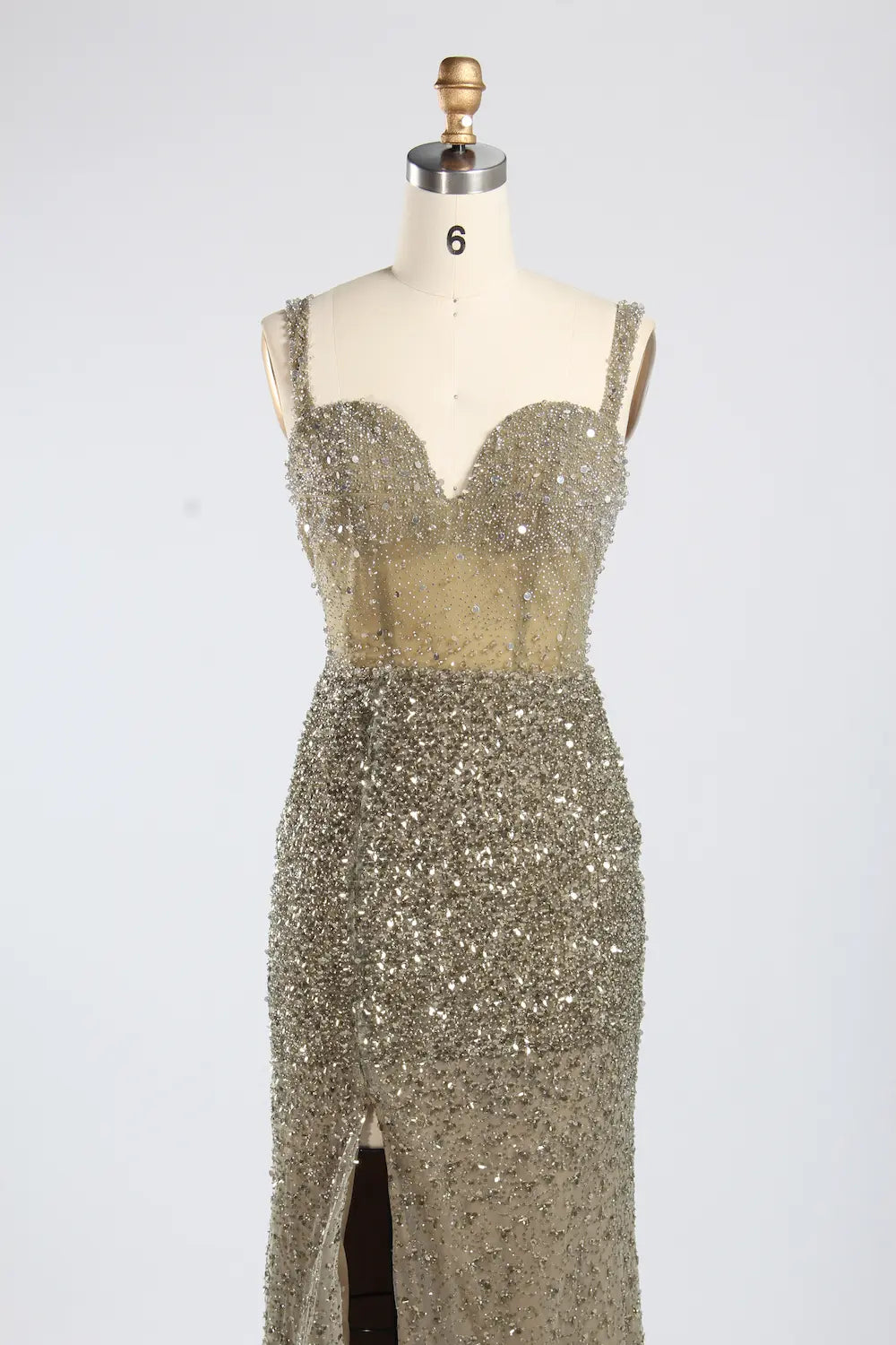 Luxury Sage Green All-Over Beaded Sequin Sheath Slit Evening Dress KY055