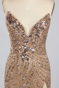 Wholesale Champagne Sequin Slit Mermaid Prom Dress  33314