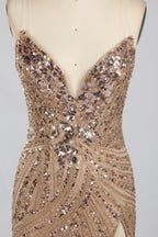 Wholesale Champagne Sequin Slit Mermaid Prom Dress  33314