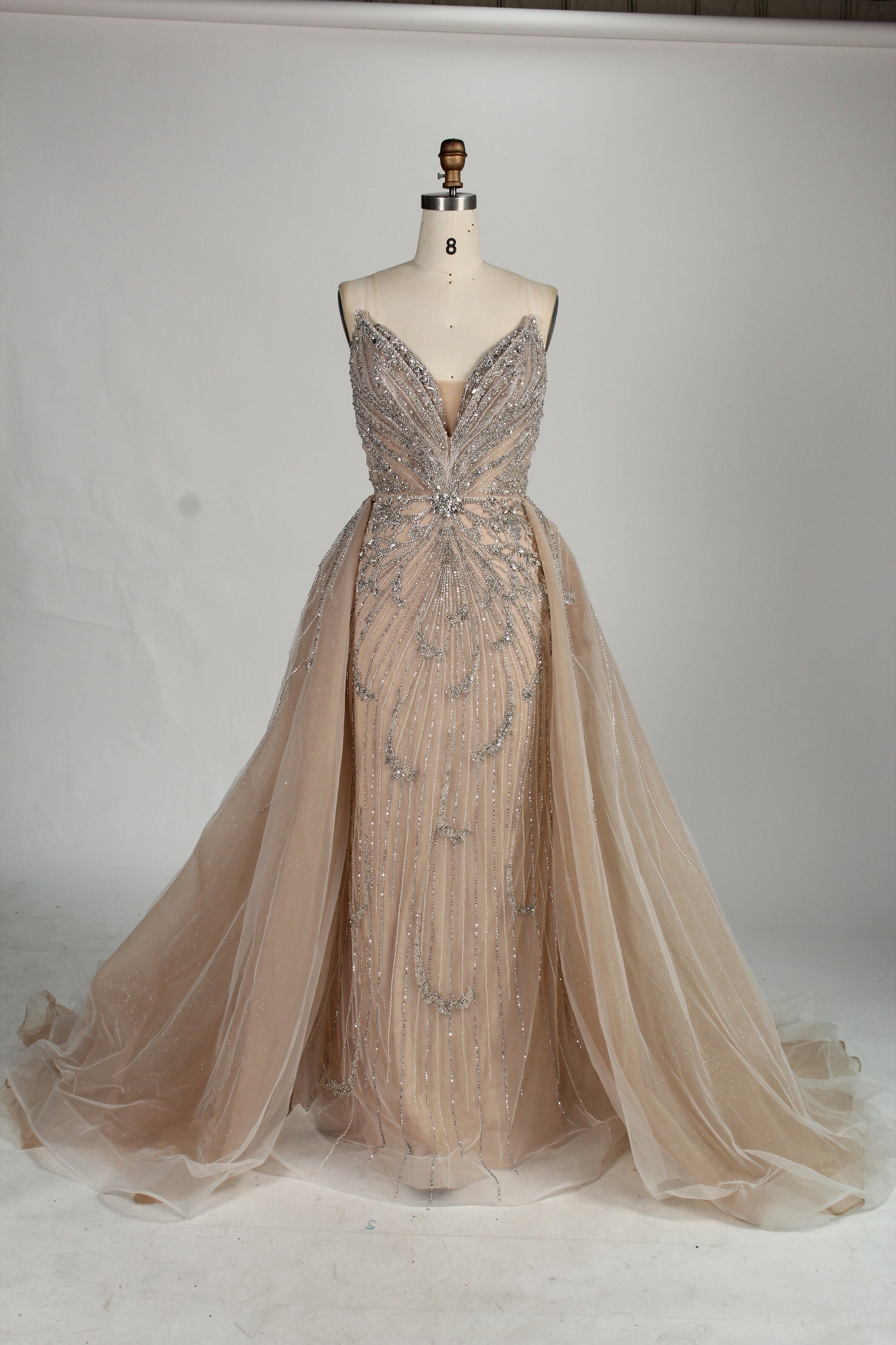 Wholesale Champagne Beaded Tulle Overlay Prom Gown MC136