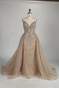 Champagne sweetheart beaded tulle mermaid dress with V neckline detail and layered train