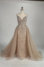 Champagne sweetheart beaded tulle mermaid dress with V neckline detail and layered train