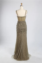 Luxury Sage Green All-Over Beaded Sequin Sheath Slit Evening Dress KY055