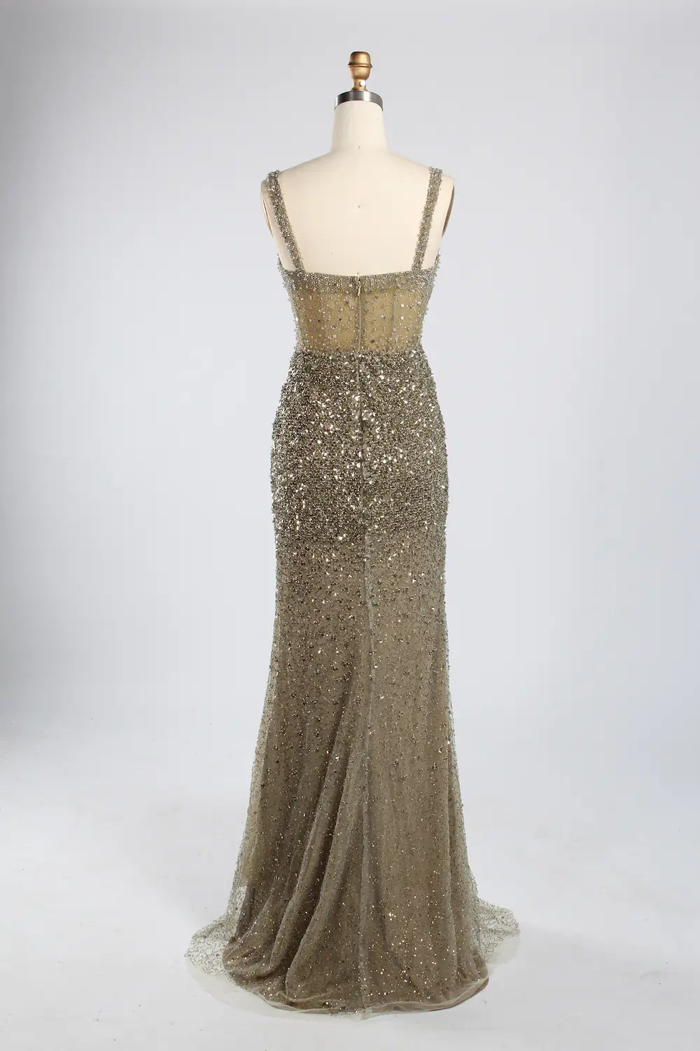 Luxury Sage Green All-Over Beaded Sequin Sheath Slit Evening Dress KY055