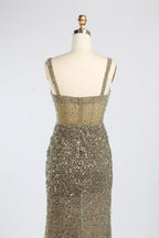 Luxury Sage Green All-Over Beaded Sequin Sheath Slit Evening Dress KY055