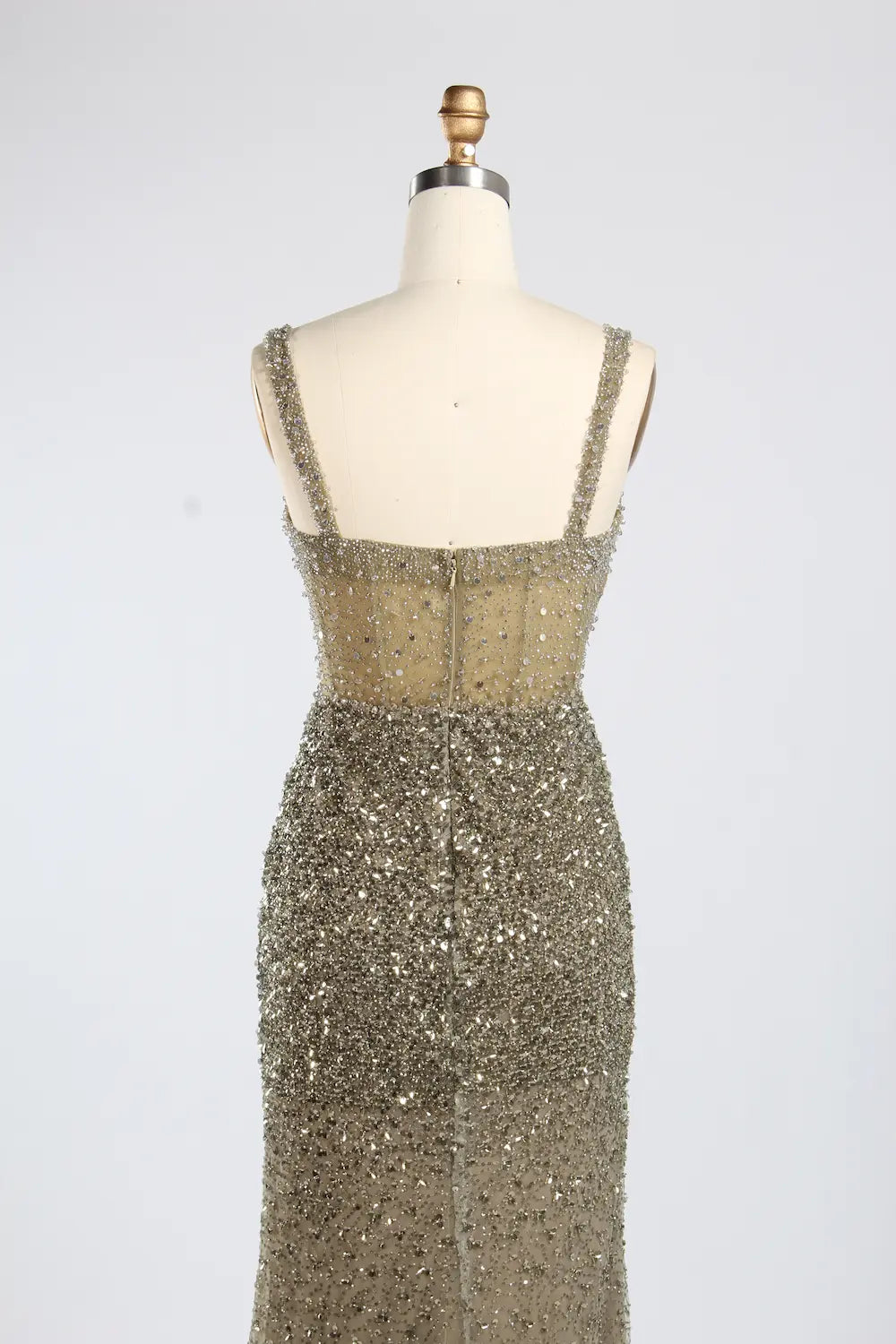 Luxury Sage Green All-Over Beaded Sequin Sheath Slit Evening Dress KY055
