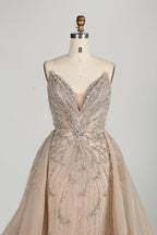Champagne sweetheart beaded tulle mermaid dress with crystal-like embellishment front