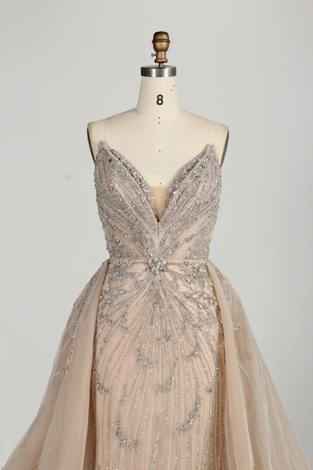 Champagne sweetheart beaded tulle mermaid dress with crystal-like embellishment front