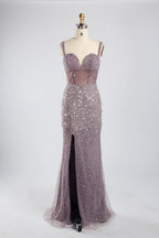 Luxury Sage Green All-Over Beaded Sequin Sheath Slit Evening Dress KY055