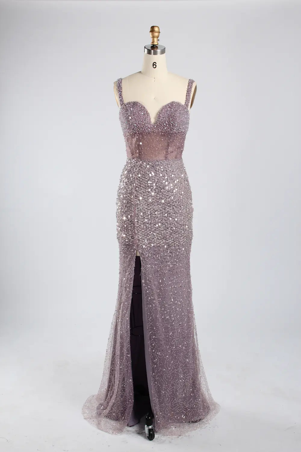 Luxury Sage Green All-Over Beaded Sequin Sheath Slit Evening Dress KY055