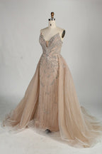 Champagne sweetheart beaded tulle mermaid dress with beaded bodice and flowing train