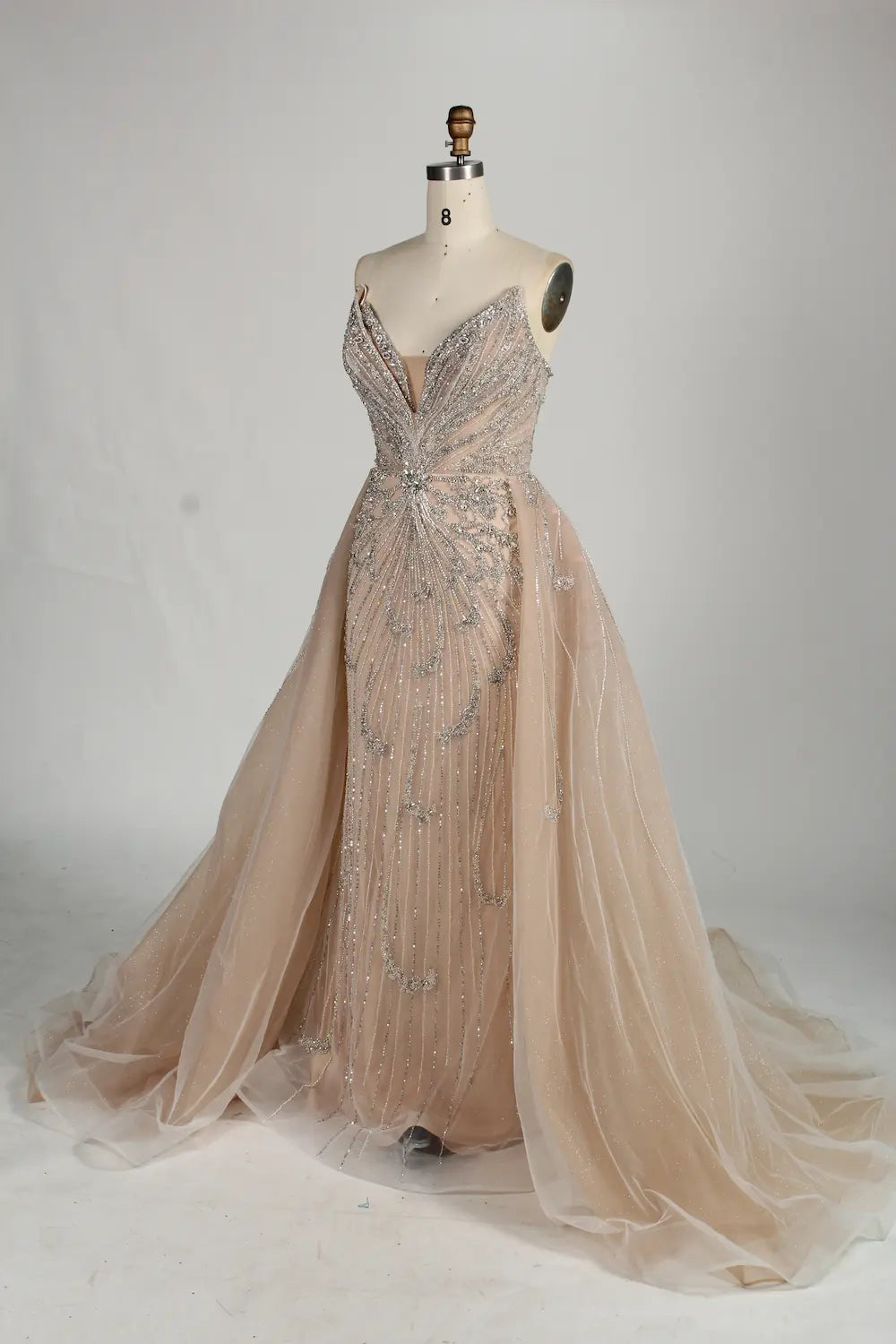 Champagne sweetheart beaded tulle mermaid dress with beaded bodice and flowing train