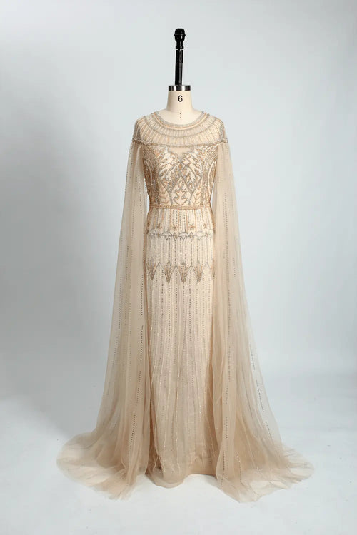 Champagne A-line mother-of-the-bride dress with long sheer sleeves and lace appliques