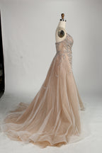 Wholesale Champagne Beaded Tulle Overlay Prom Gown MC136