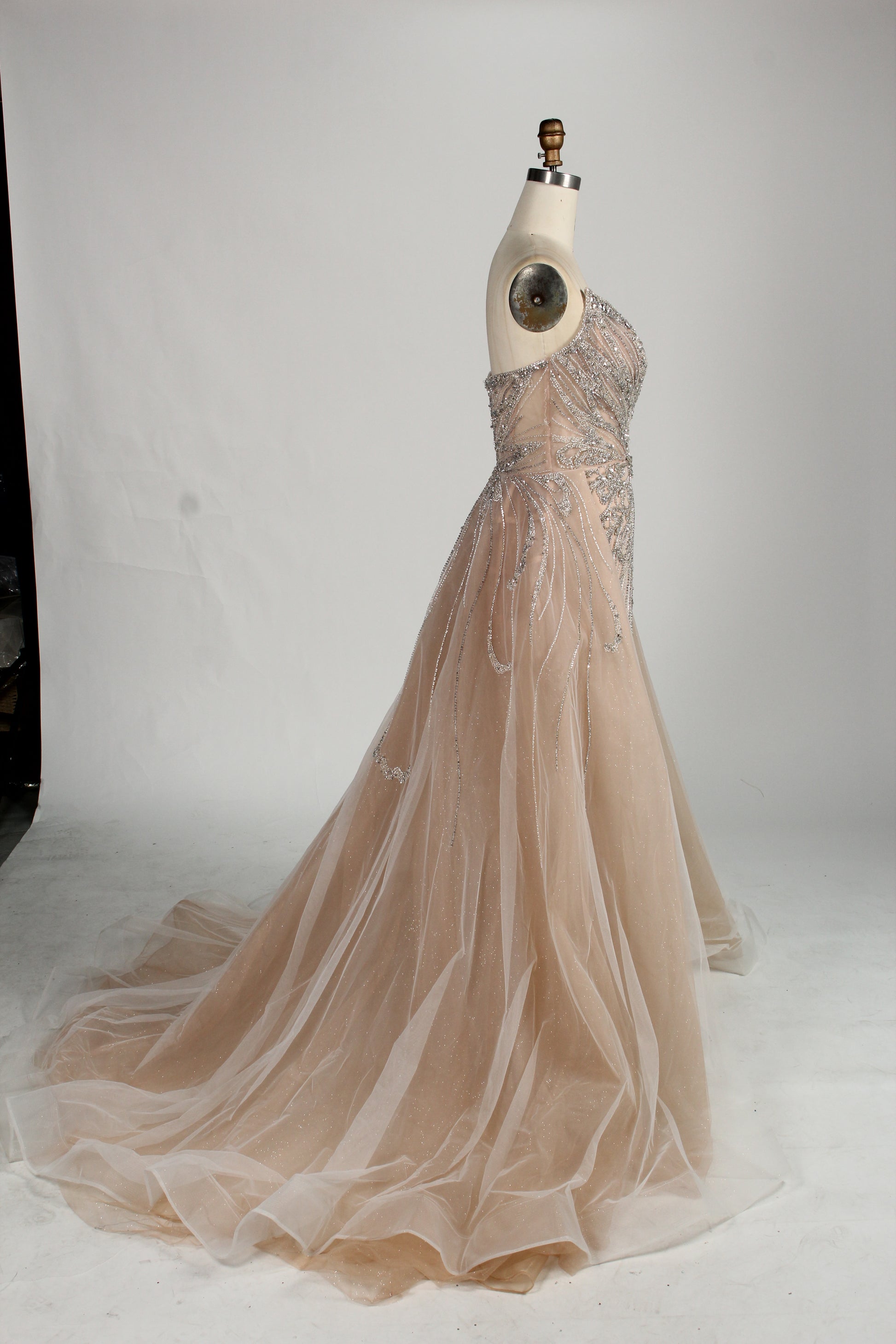 Wholesale Champagne Beaded Tulle Overlay Prom Gown MC136