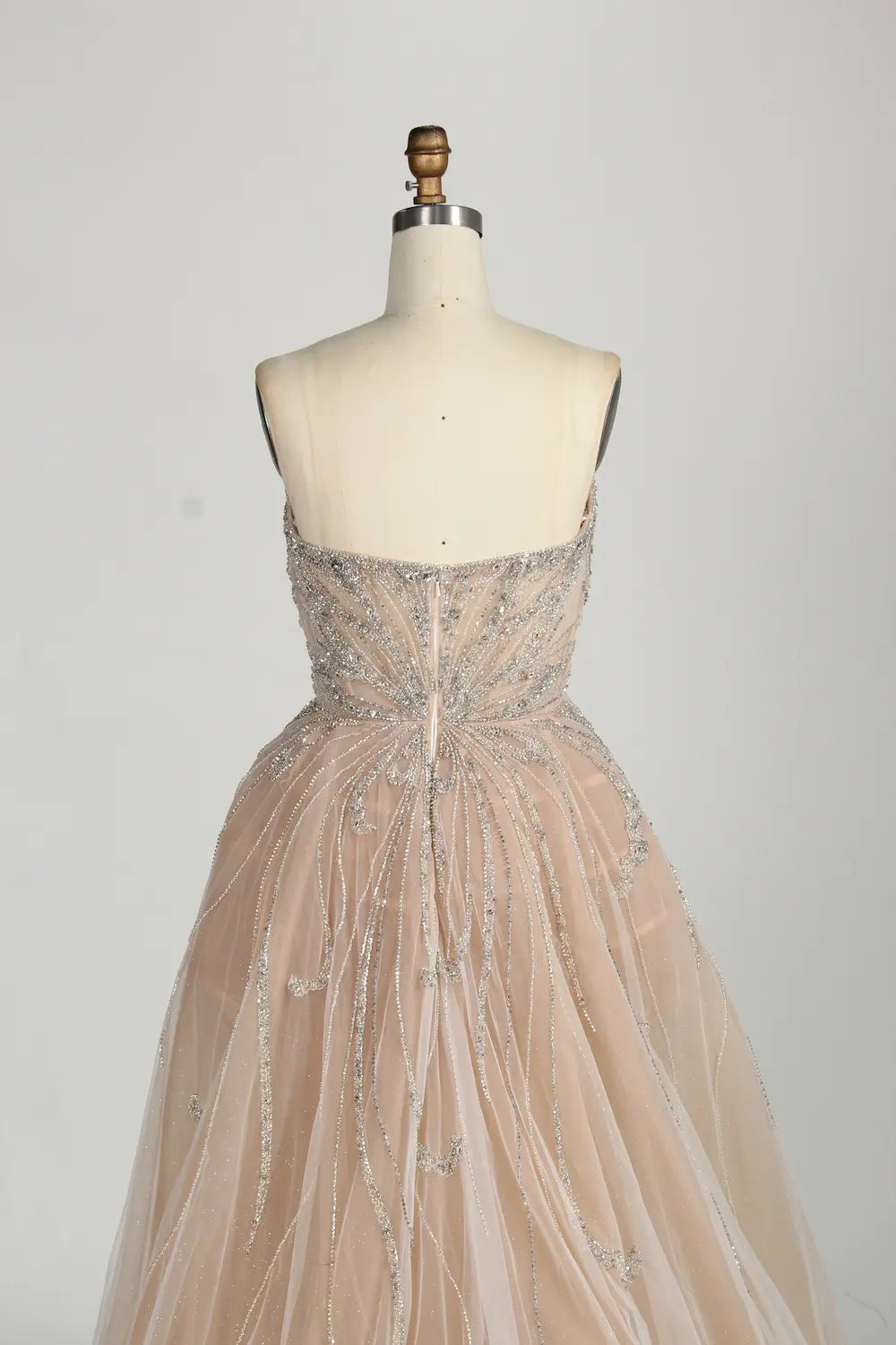Champagne sweetheart strapless beaded tulle mermaid dress with sequin sparkle bodice